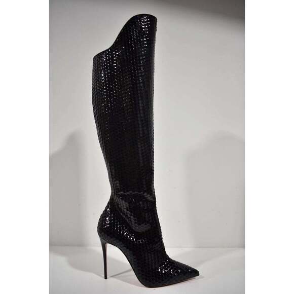 Christian Louboutin Alta Botta 100 Black Patent Bird Knee High OTK Heel Boot 36 - Picture 2 of 11